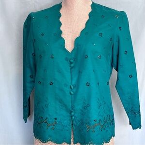 Green Eyelet and Embroidered Scalloped Floral Blouse Sz. S